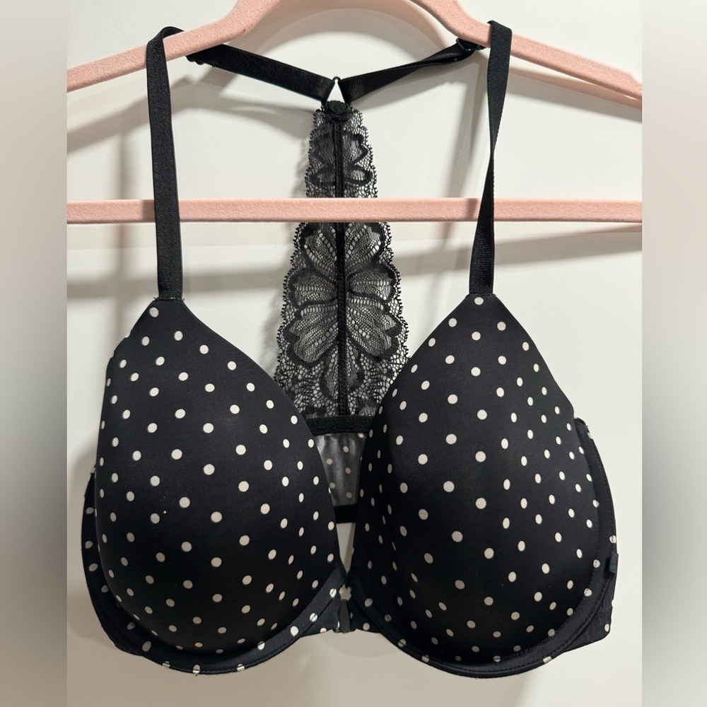 Victoria Secrets Racerback Demi, Black/Tan Polka Dot‎ Bra size 32DDD